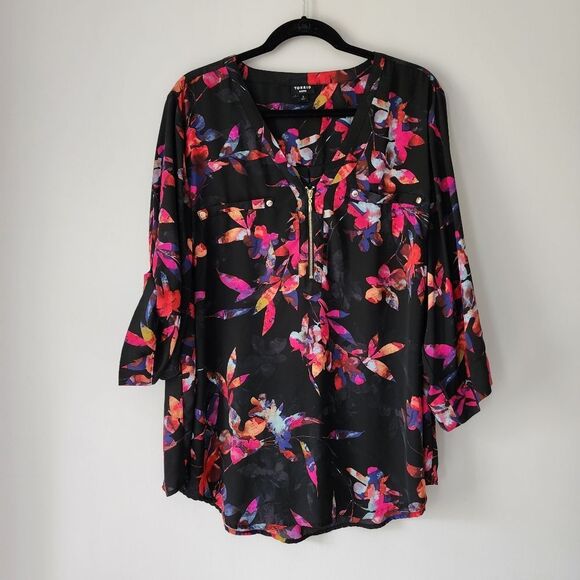 Torrid Harpwr Georgette Zip Front 3/4 Sleeve Blouse Size Women's Plus 3X - Picture 2 of 10